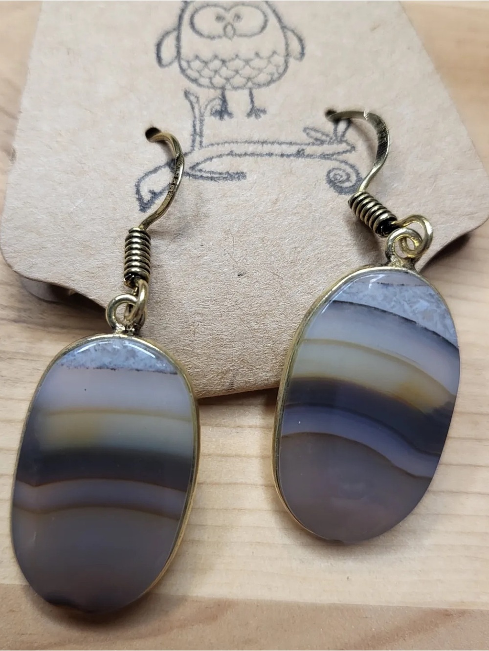 Brass-Tone Agate Stripe Drop Earrings - Neutral Brown Gray